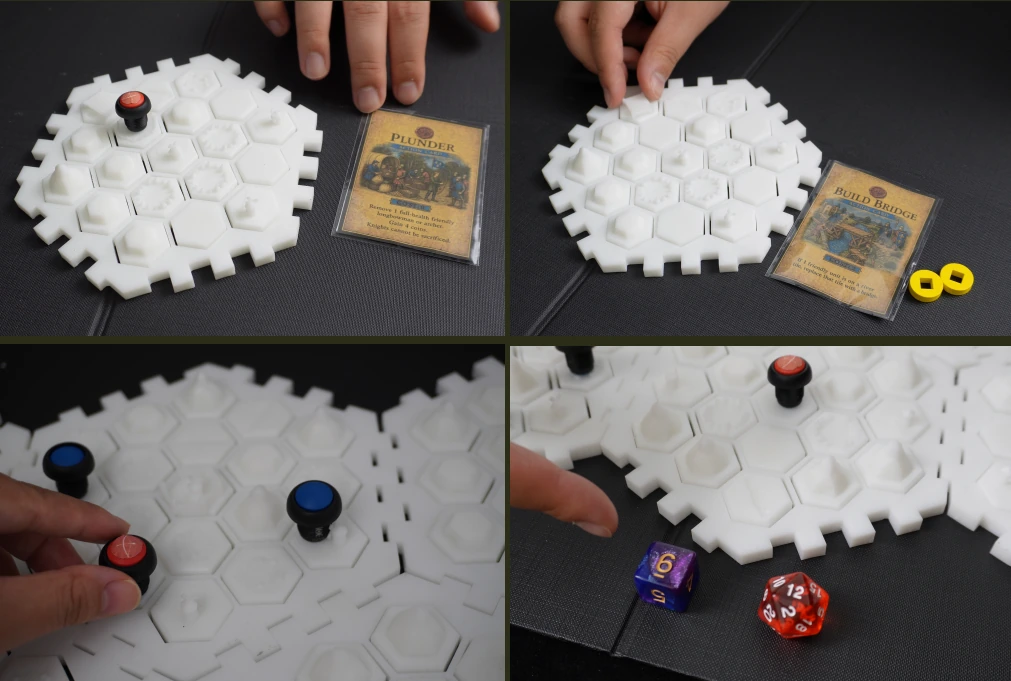 Prototype photos showing unit markers, terrain pieces, cards and dice on modular boards.