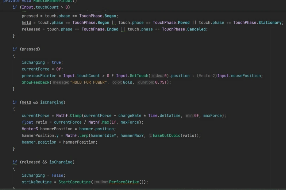 Unity code excerpt showing touch or mouse hold, software force buildup and release-to-strike.