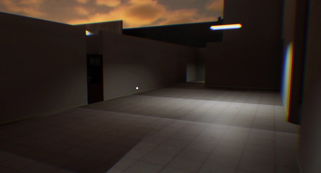 School environment with tiled flooring, walls, doors and overhead lighting.